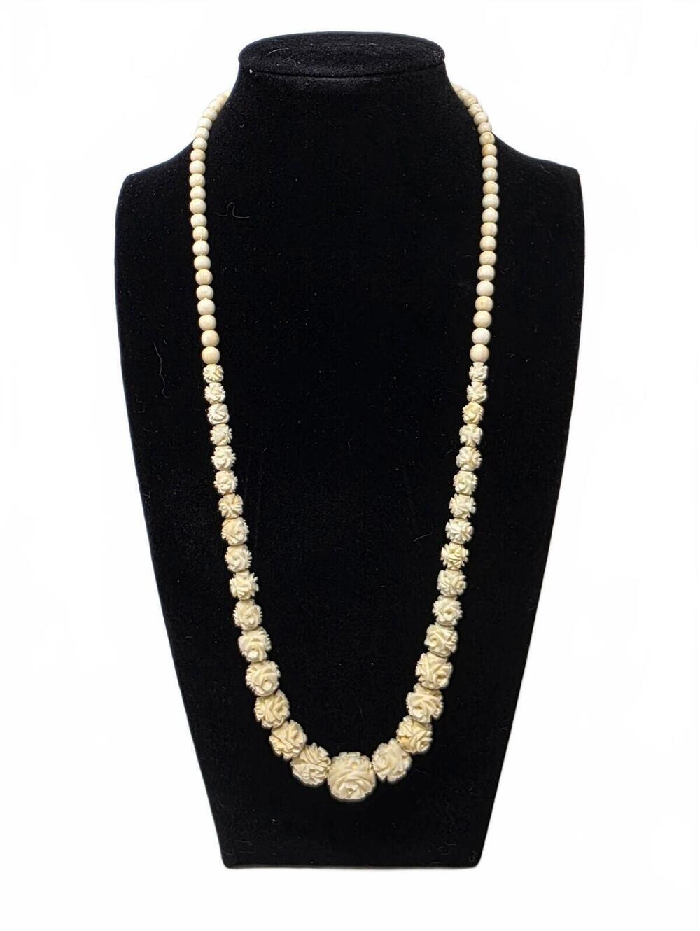 Vintage Hand Carved Bovine Bone Rose Necklace 23 Inch Floral Beads
